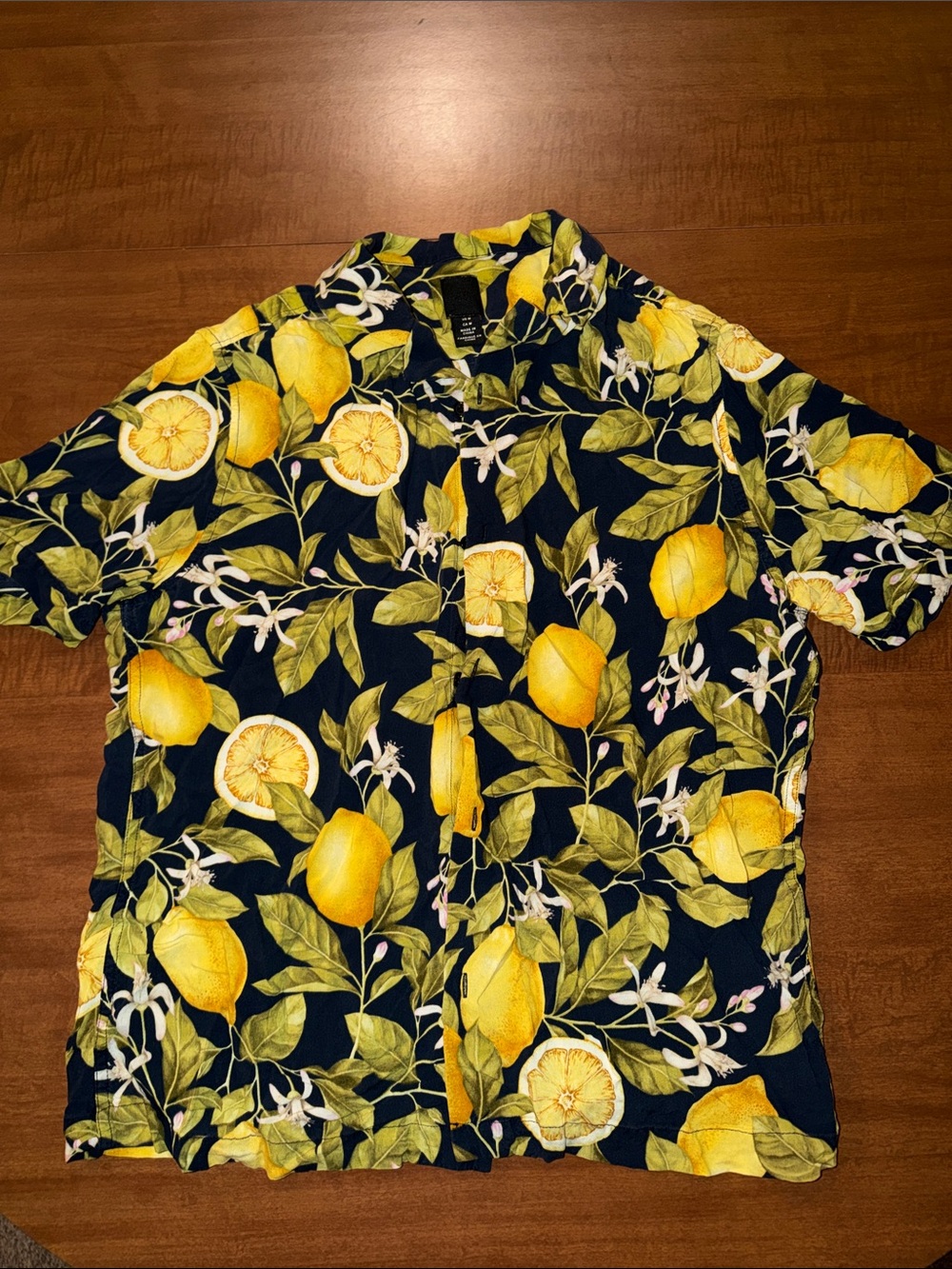H&M Navy Short-Sleeve Button-Down with Yellow Lemon Print